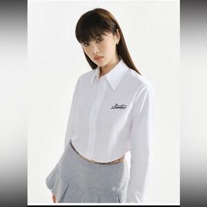 100% Cotton Cropped Long Sleeve  White Shirt/Buttoned Down Top M-L